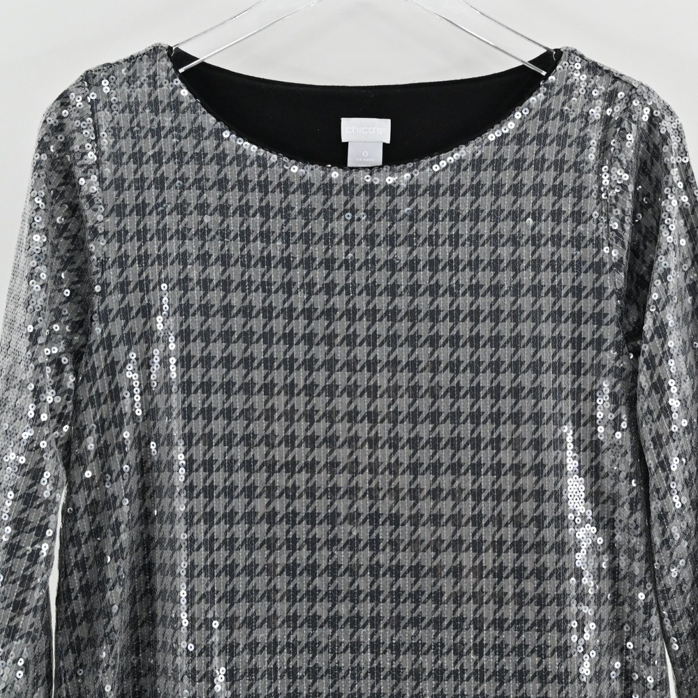 Chicos Womens Sequin Houndstooth Top Size S Silver Black Long Sleeve Tunic Glam - Picture 8 of 13